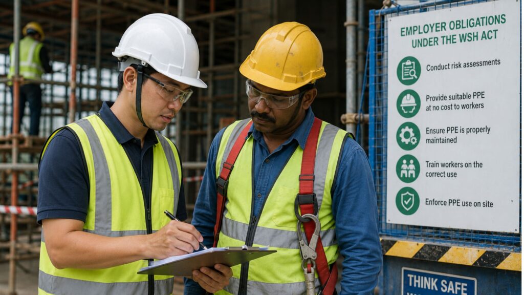 Two workers on a Singapore construction site beside an employer obligations infographic listing risk assessments, PPE provision, maintenance, training and enforcement