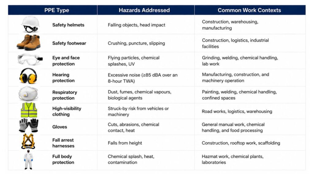 Table showing types of PPE required for common workplace hazards in Singapore including safety helmets, footwear, eye protection, hearing protection, respiratory equipment and fall arrest harnesses