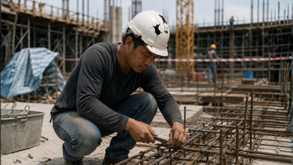 Construction worker on a Singapore worksite without proper PPE — illustrating common PPE compliance failures found during MOM inspections