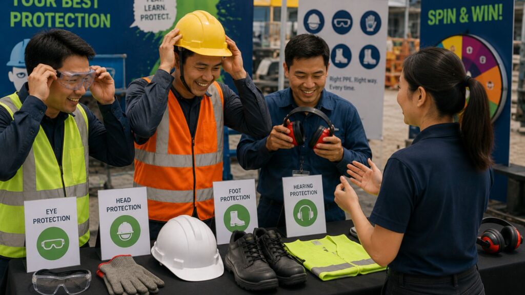 AnjouHealth safety campaign facilitator engaging workers with PPE demonstration at a workplace safety event in Singapore