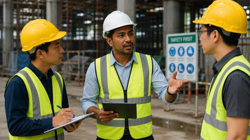 Construction site safety discussion between workers in Singapore, representing the role of a registered WSH Officer overseeing a higher-risk worksite