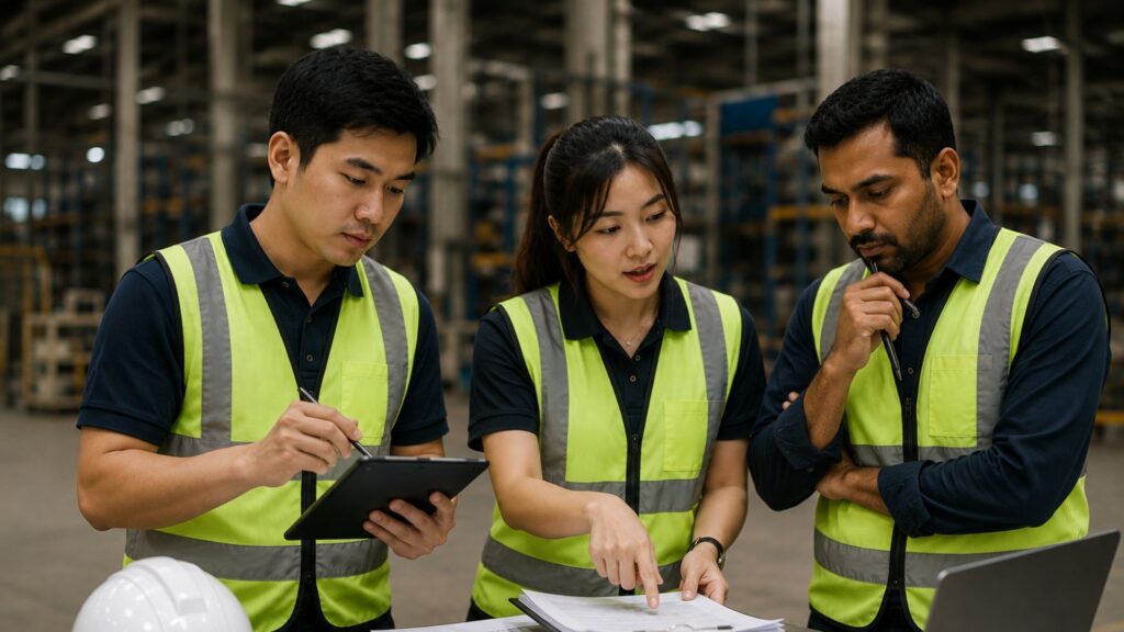 AnjouHealth safety specialists conducting an on-site risk assessment in a Singapore warehouse, reviewing findings on a tablet