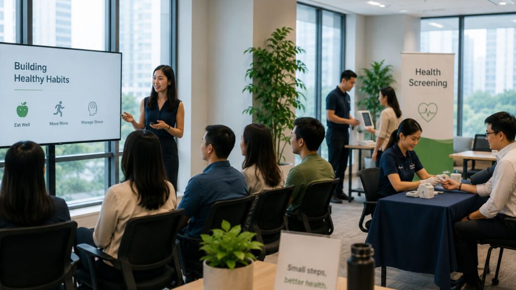 Wellness talk in a Singapore office with an employee presenting 'Building Healthy Habits' while a health screening station operates in the background