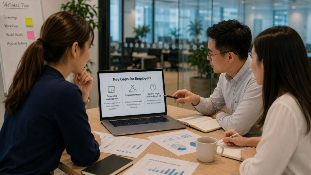 Singapore HR team reviewing a laptop screen titled 'Key Gaps for Employers' during a workplace wellness planning discussion