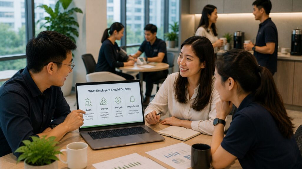 Singapore employers discussing a laptop screen titled 'What Employers Should Do Next' during a wellness programme planning meeting