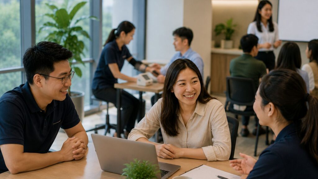 Singapore colleagues in conversation at a table with a blood pressure health screening taking place in the background