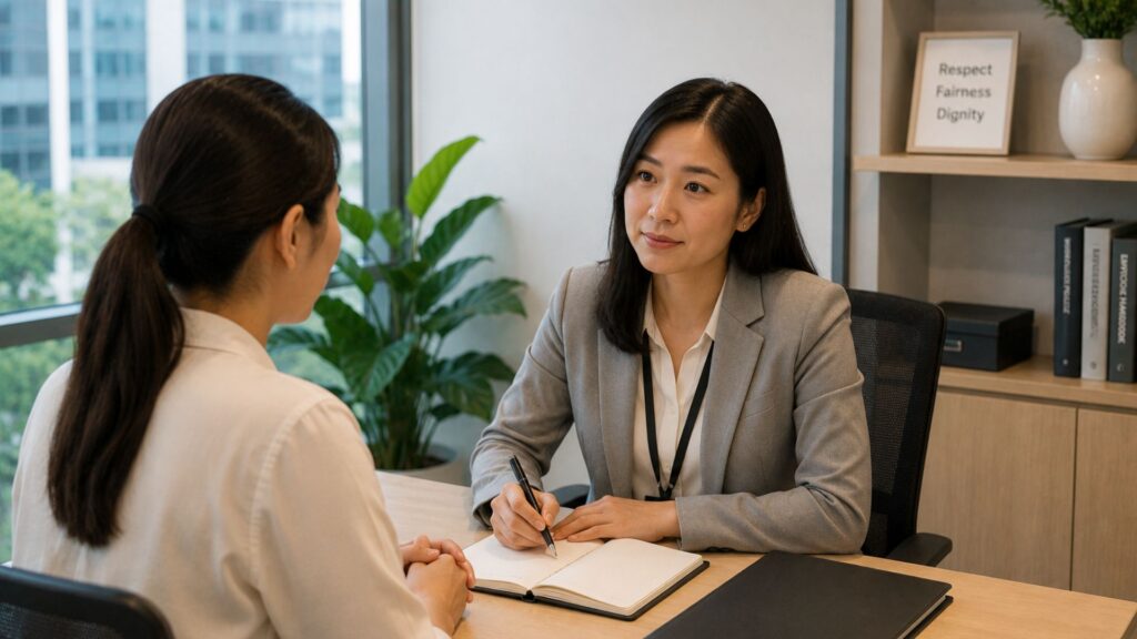 HR manager and employee having a calm, private one-on-one conversation in a modern Singapore office, representing documented grievance handling under the Workplace Fairness Act