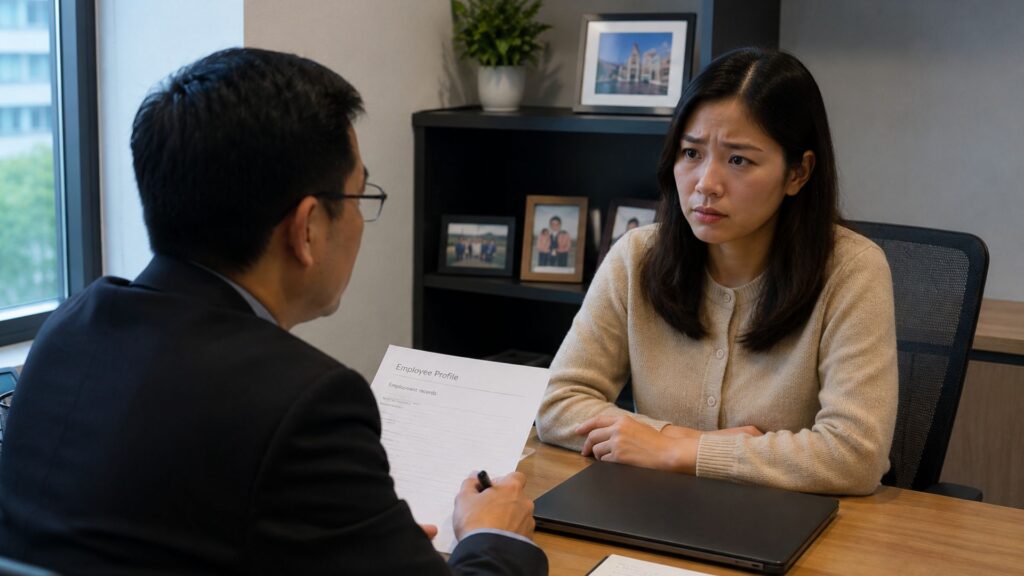 Manager reviewing an employee profile document while a visibly concerned employee looks on, representing a workplace discrimination or mental health disclosure conversation under the Workplace Fairness Act