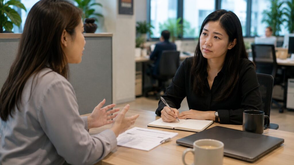 Two colleagues discussing workplace policy at a desk in an open-plan Singapore office, representing employers proactively planning ahead of the Workplace Fairness Act's 2027 effective date