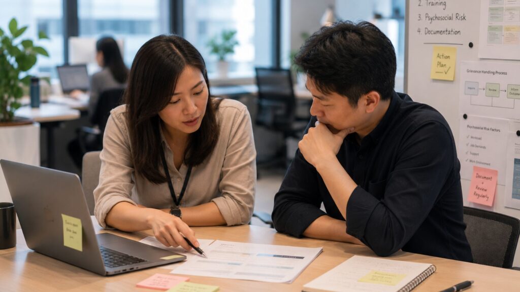 HR manager and colleague reviewing a compliance action plan on a laptop, with a whiteboard behind them outlining training, psychosocial risk, and documentation steps for Workplace Fairness Act readiness