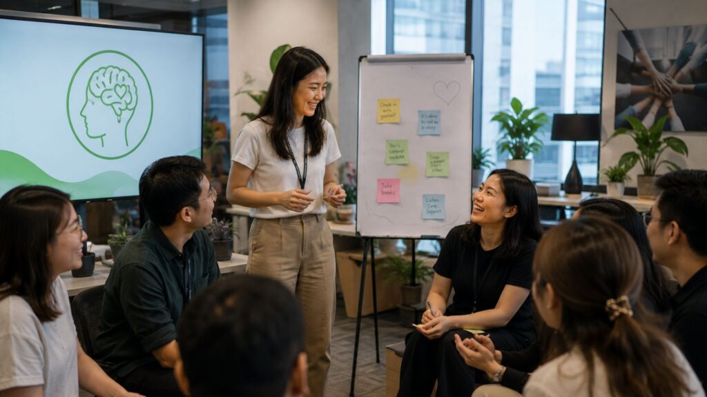 AnjouHealth facilitator leading a group mental wellness workshop, with a mental health icon displayed on screen and ideas mapped out on sticky notes, representing a psychosocial risk and wellbeing session for Singapore employers