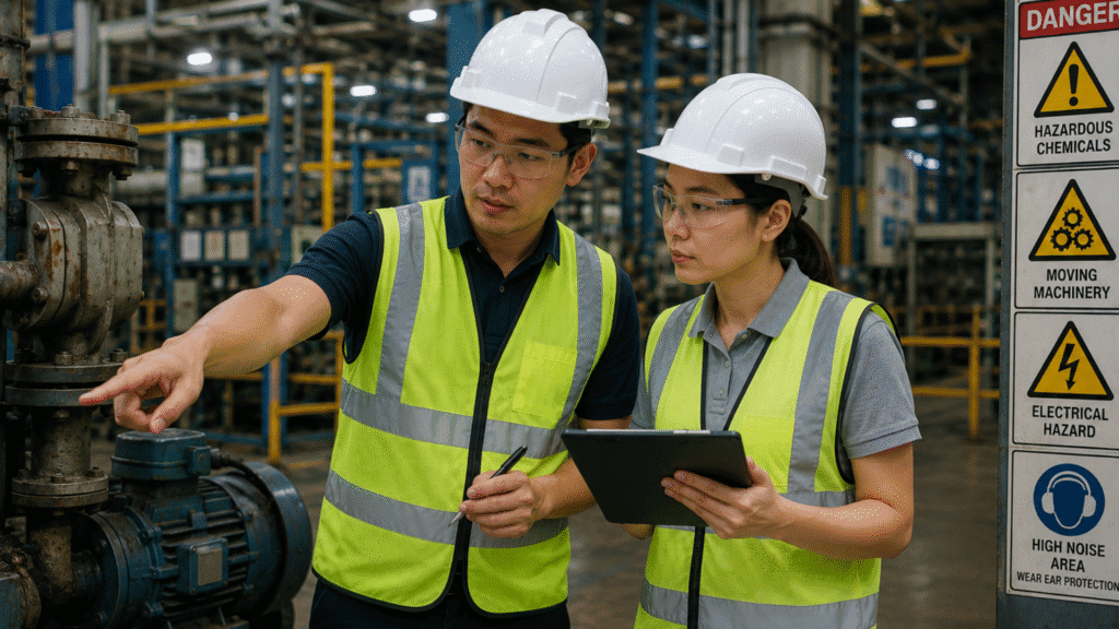 Male safety supervisor pointing to and explaining industrial machinery hazard to female colleague holding tablet during risk assessment inspection, with multiple danger warning signs visible including hazardous chemicals, moving machinery, electrical hazard, and high noise area signage